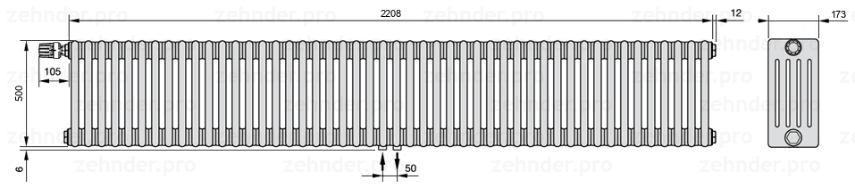 Схема (чертеж) Радиатор Zehnder Charleston 5050/48 №V007 Белый глянцевый RAL 9016